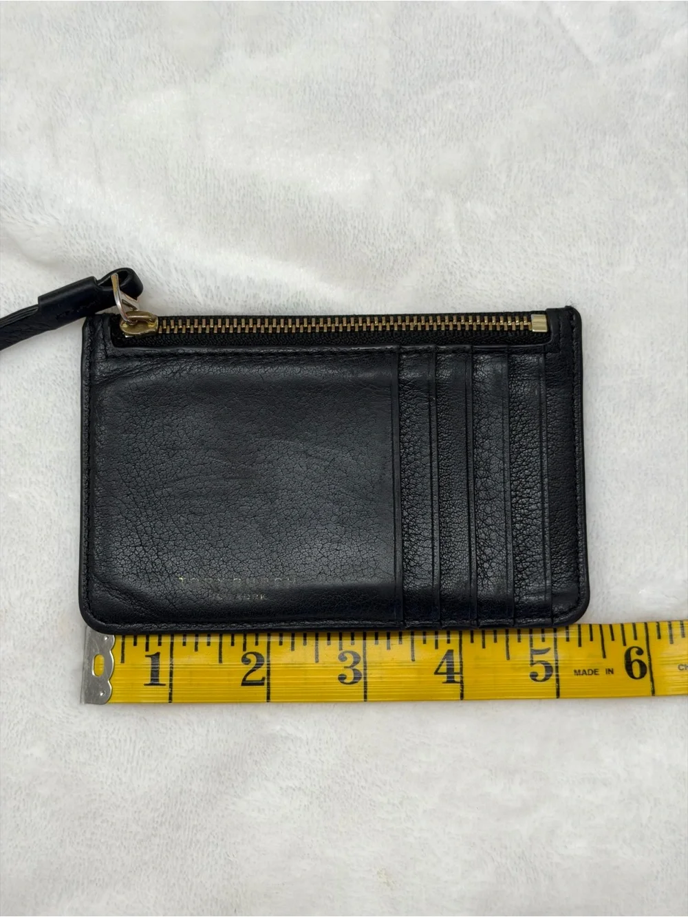 Tory Burch Pebbled Leather Zip Card Case Wallet Black Gold Logo